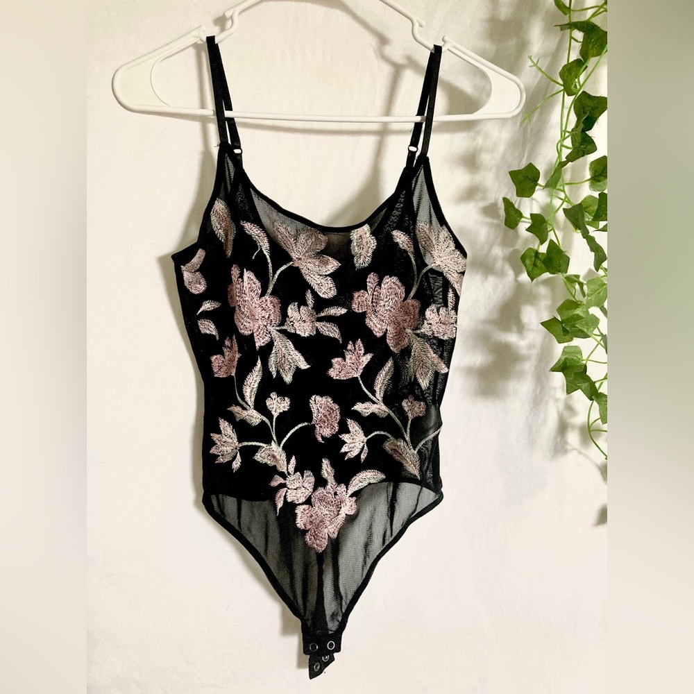 Floral mesh spaghetti strap bodysuit